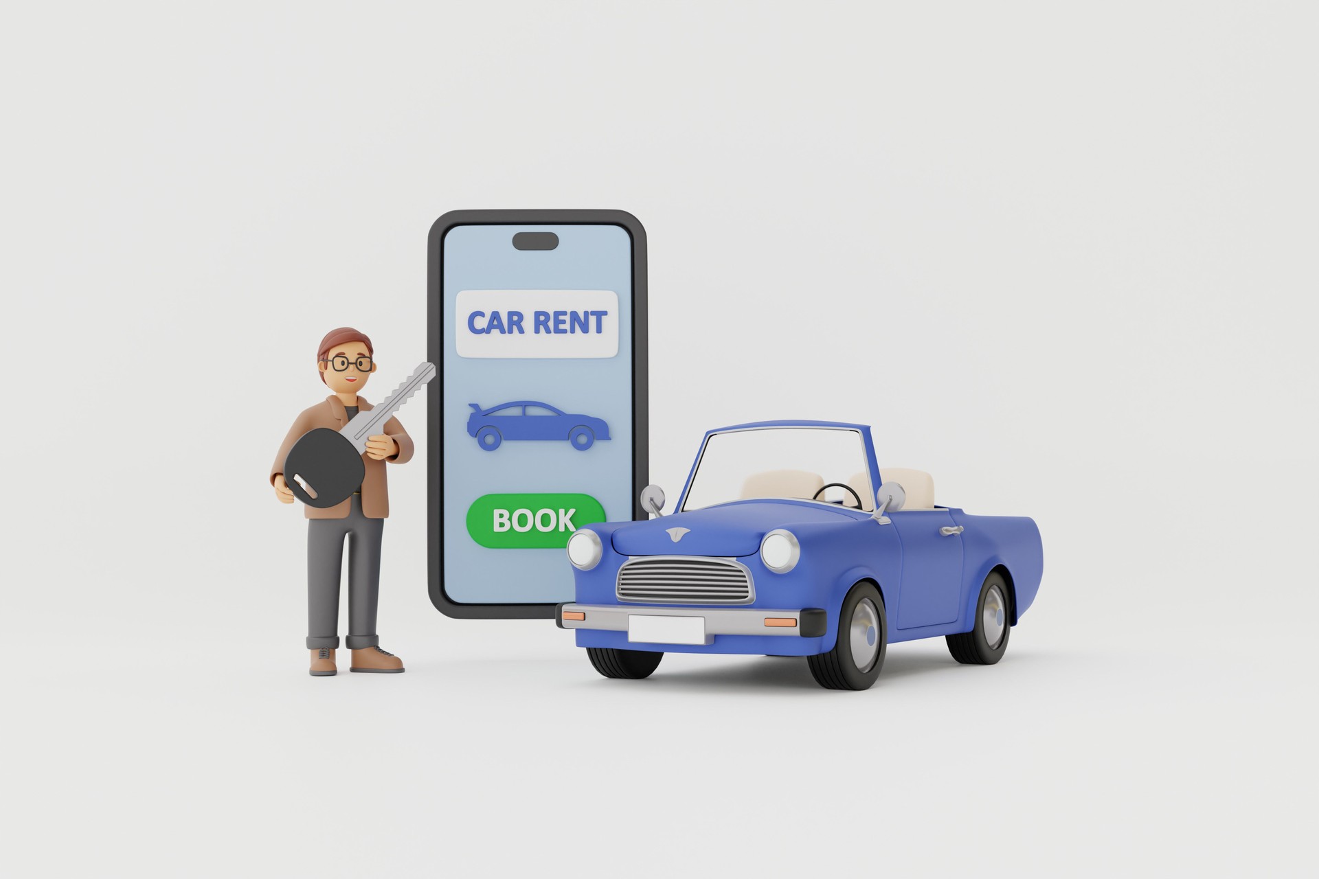 3d character man with key booking car via smartphone app.
